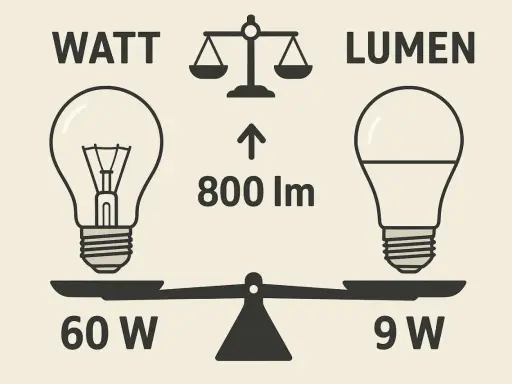 Balance comparant la puissance d'une ampoule incandescente (60W) à celle d'une ampoule LED (9W) pour une luminosité équivalente de 800 lumens.
