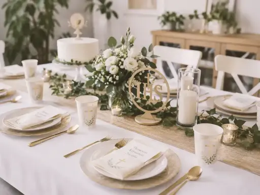Elegancko nakryty stół na komunię w domu. Złote sztućce, białe róże i tort. Idealne atrakcje dla dzieci na komunię w domu.