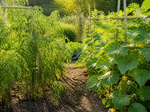 Un potager ensoleillé avec des plants de tomates et une belle association concombre potager, le tout soutenu par des tuteurs en bambou.