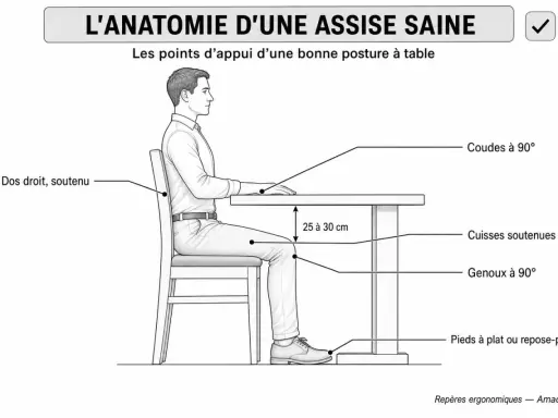 Illustration d'une dimension personne assise droite, dos soutenu, genoux et coudes à 90°, cuisses soutenues, pieds à plat.
