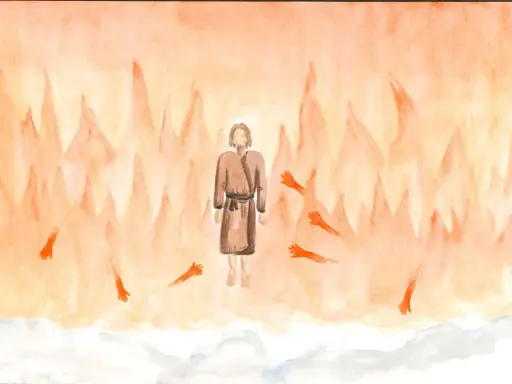 Prophet Amos im Religionsunterricht: Eine Vision von Flammen und ausgestreckten Händen, die eine Botschaft der Hoffnung vermitteln.