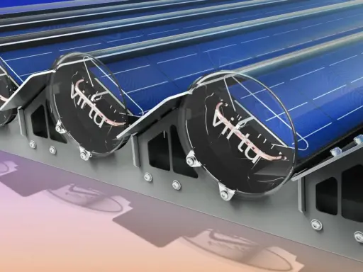 Panneau solaire avec des disques transparents et un logo "Virtu". Le tube solaire est intégré dans une structure métallique.
