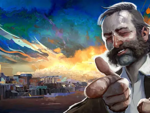 Harrier Du Bois z Disco Elysium, z kciukami w górę, na tle surrealistycznego, kolorowego nieba i miasta.