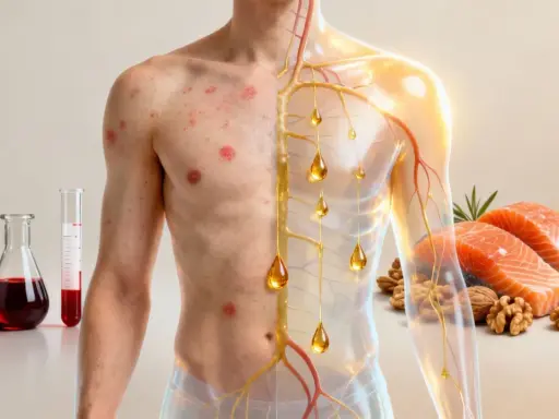 Skóra z wysypką i naczynia krwionośne z kroplami oleju, obok łosoś i orzechy. Objawy niedoboru omega-3 mogą być widoczne na skórze.