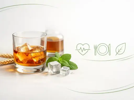 Szklanka whisky z lodem, butelka, kłosy zboża i mięta. Wyobraź sobie, że to pomieszczenie, w którym dojrzewa whisky.