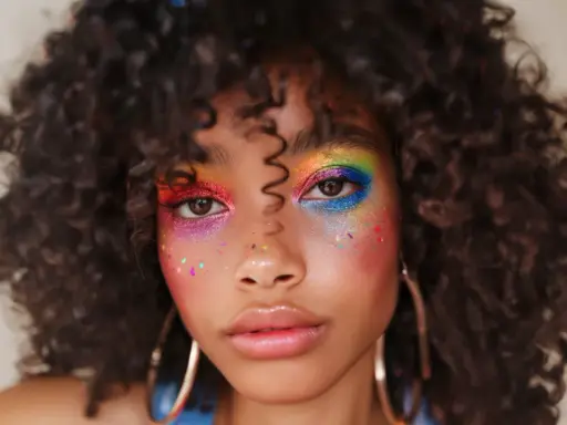 Un rostro con un vibrante maquillaje de ojos arcoíris y purpurina, celebrando la diversidad y el orgullo.