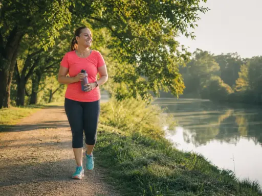 Frau genießt ihr Lauftraining am See. Nach 1 Monat Joggen fühlt sie sich fitter und strahlt Selbstvertrauen aus.