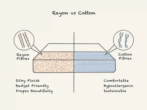 Rayon vs Cotton comparison. Rayon fibers are shown with a silky finish, budget-friendly, and drapes beautifully. Is rayon a good fabric? Yes, for these qualities!