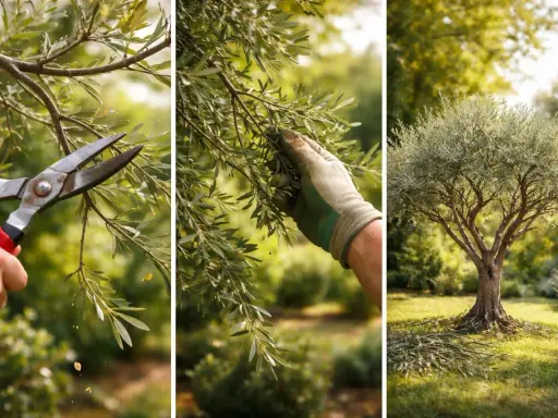 Tricolore montrant la taille d'un olivier d'ornement : sécateur, main gantée cueillant des olives, et l'arbre taillé dans un jardin ensoleillé.