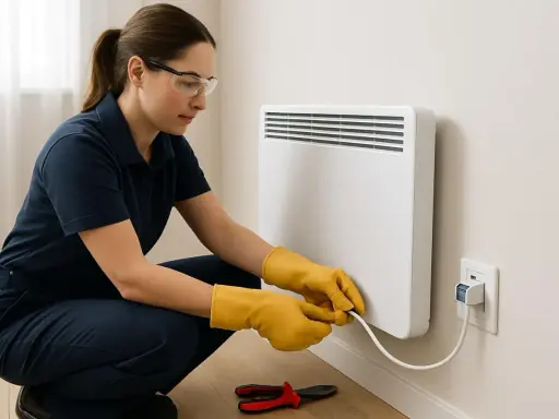 Une femme en gants jaunes manipule le câble blanc d'un radiateur électrique. La couleur fils radiateur electrique est blanc.