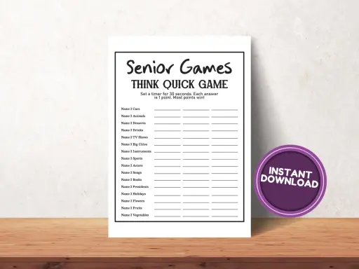 Zabawne łamigłówki dla dorosłych do druku: "Think Quick Game" z kategoriami jak auta, zwierzęta, desery. Idealne na szybką rozrywkę.