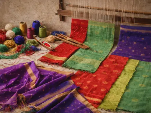 Vibrant Indian textiles, including colorful yarn balls, a weaving shuttle, and richly patterned fabrics in red, green, and purple, are laid out near a loom.