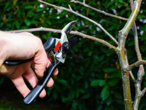 Mano podando una rama de manzano con tijeras de podar. Es el momento ideal cuando se podan los manzanos para asegurar una buena cosecha.