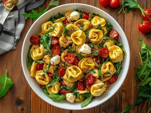 Bunter Tortellinisalat mit Kirschtomaten, Mozzarella-Kugeln und Rucola – perfekt für schnelle Partysalate.