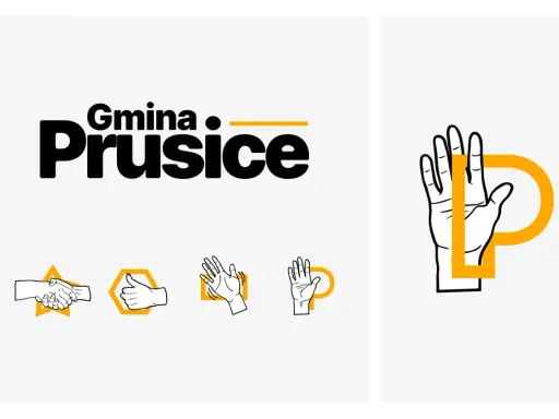 Logo Gminy Prusice. Kolor biały symbolika czystości i otwartości. Dłonie symbolizują współpracę i pozdrowienie.