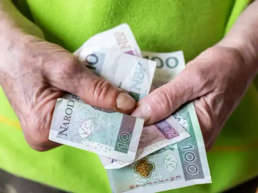 Dłonie trzymają polskie banknoty. Może to być pomoc z MOPS, np. renta socjalna.