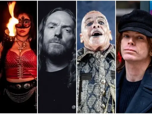 Collage med medlemmar av Rammstein: en kvinna med eld, en man med långt hår, Till Lindemann och Richard Kruspe.