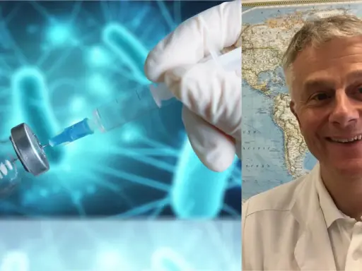 Läkare med världskarta bakom sig, bredvid bild på vaccin och spruta. Frågan "vilka vaccin har jag" kan besvaras med hjälp av denna expert.