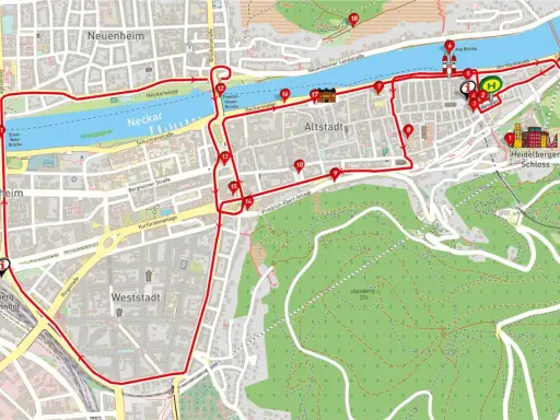 Karte mit einer roten Route, die Sehenswürdigkeiten in Heidelberg verbindet, vom Hauptbahnhof über den Neckar und das Schloss.
