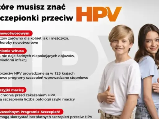 Uśmiechnięty chłopiec i dziewczynka na tle informacji o szczepionce HPV.