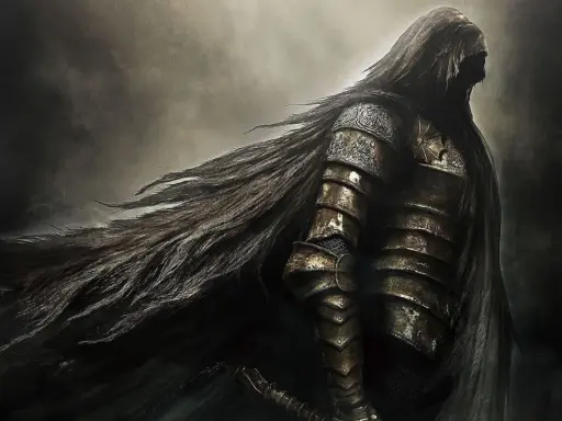 Rycerz w zbroi, z długimi włosami rozwianymi przez wiatr, jak w grach podobnych do Dark Souls.