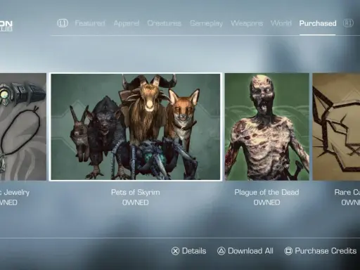 Menu Creation Club z opcjami zakupu dla Skyrim DLC: Nordic Jewelry, Pets of Skyrim, Plague of the Dead, Rare Curios.