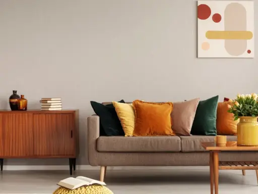 Un salon cosy aux couleurs automnales, avec un canapé garni de coussins ocre et vert forêt, un meuble vintage en bois et une peinture abstraite.
