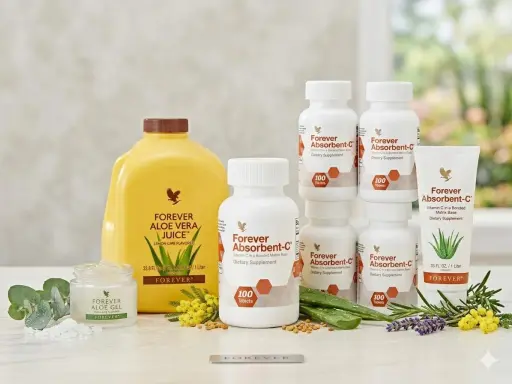 Zestaw produktów Forever: sok z aloesu, żel aloesowy i suplementy Forever Absorbent-C.