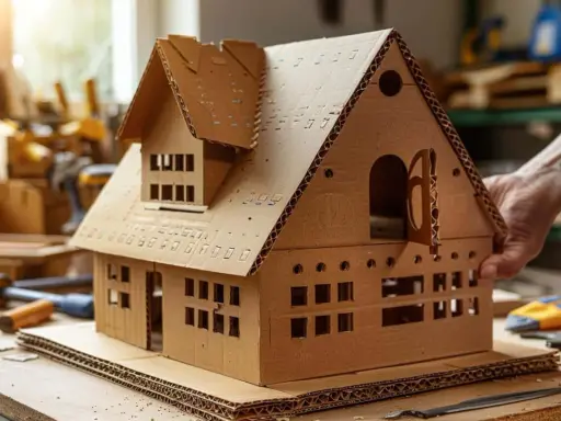 Une main tient une **maison en carton** détaillée, avec des fenêtres découpées et un toit à plusieurs niveaux, posée sur un établi.