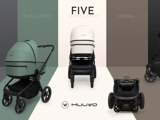 Wózki spacerowe Muuvo w różnych kolorach: Iron Graphite, Pine Green, Five Desert Sand, Mokka i Classic Black.