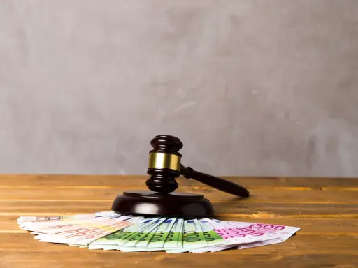 Młotek sędziowski na euro symbolizuje alimenty ojca w Polsce, gdy dziecko mieszka za granicą.