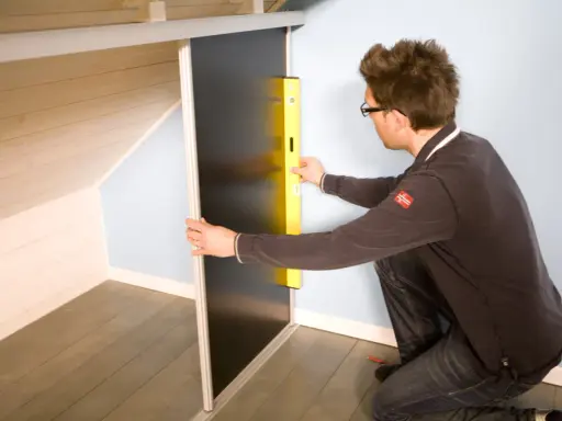 Un homme utilise un niveau pour fabriquer un placard sous pente de toit.