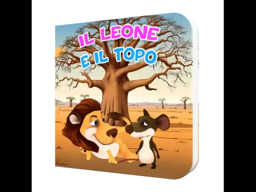 Copertina libro "Il leone e il topo", divisione in sequenze. Un leone riposa sotto un albero mentre un topolino lo osserva.