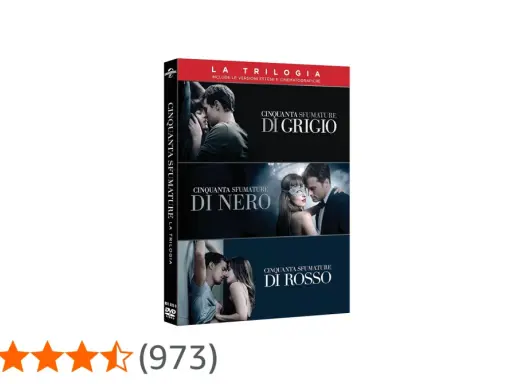 La trilogia di "Cinquanta sfumature" in DVD, con le copertine dei tre film: Grigio, Nero e Rosso.