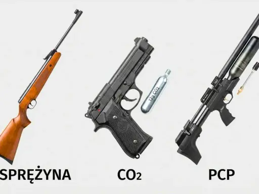 Wiatrówka na gaz CO2 obok pistoletu i karabinka PCP.