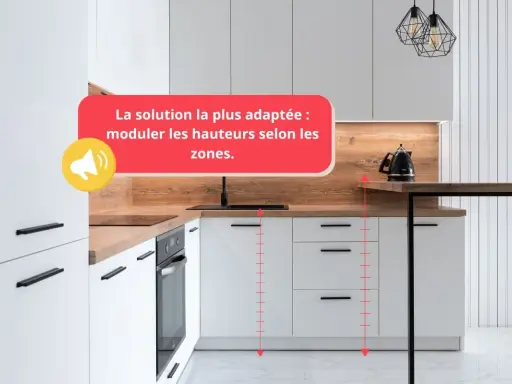 Cuisine moderne avec plan de travail modulable. La hauteur du plan de travail cuisine est adaptée à chaque zone pour un confort optimal.