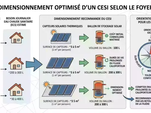 Schéma de dimensionnement d'un CESI pour un foyer, incluant la taille des capteurs solaires thermiques et le volume du ballon de stockage.
