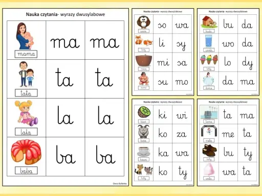 Kolorowe karty z czytanki sylabowe do druku. Pomagają w nauce czytania dwusylabowych wyrazów, ilustrując słowa takie jak "mama", "tata", "lala", "baba".