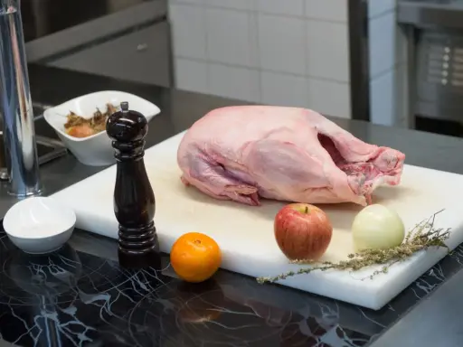 Rohe Gans auf einem Schneidebrett mit Apfel, Zwiebel, Orange, Gewürzen und Pfeffermühle. Die Frage "wie lange dauert auftauen" beschäftigt jeden Koch.