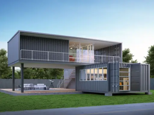 Maison en container moderne, deux niveaux, avec terrasse et escalier extérieur. Le prix de cette maison en container est attractif.