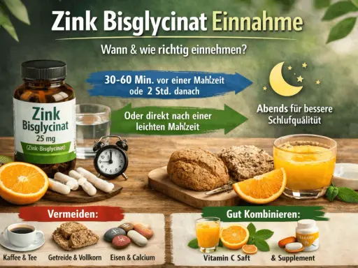 Zink Bisglycinat: Wann einnehmen? Vor oder nach leichter Mahlzeit, abends für Schlaf. Vermeide Kaffee, Getreide, Eisen & Calcium. Kombiniere mit Vitamin C.