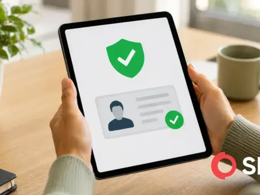 Osoba korzysta z tabletu do weryfikacji tożsamości. Na ekranie widnieje ikona tarczy z zielonym znacznikiem, symbolizująca bezpieczeństwo, oraz grafika dowodu osobistego z potwierdzonym statusem. To ilustracja procesu **procedura kyc**.