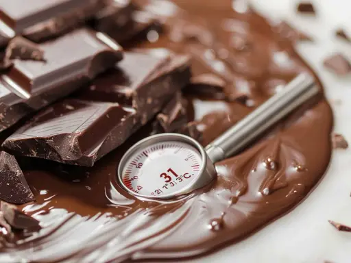 Morceaux de chocolat noir fondus, un thermomètre indiquant 31°C, parfait pour le temperage chocolat au lait.