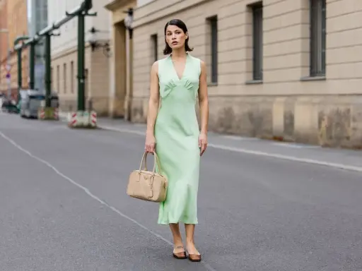 Elegancka zielona sukienka z beżową torebką i brązowymi balerinkami – idealne dodatki do zielonej sukienki na miejski spacer.