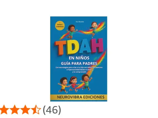 Portada de libro "TDAH en niños: Guía para padres", con ilustraciones de niños y arcoíris. Explica el TDAH para niños.