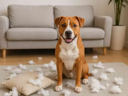 Un chien au poil roux et blanc, assis au milieu d'un salon, entouré de rembourrage de coussin. Un vrai chien destructeur, que faire ?