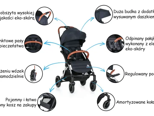 Wózek spacerowy Petite&Mars z rączką i pałąkiem z eko-skóry, dużą budką, 5-punktowymi pasami, regulowanym podnóżkiem, amortyzowanymi kołami i pojemnym koszem.