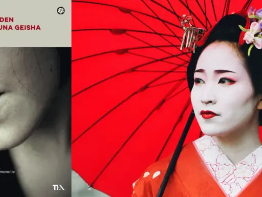 Copertina di "Memorie di una geisha" con una geisha in primo piano e un dettaglio delle labbra.