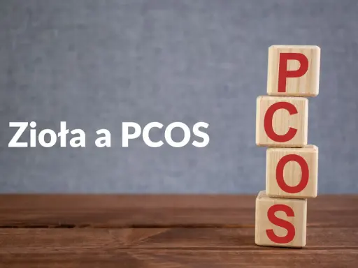 Drewniane klocki z literami PCOS ułożone w stos. Obok napis "Zioła a PCOS", sugerujący naturalne wsparcie w leczeniu.