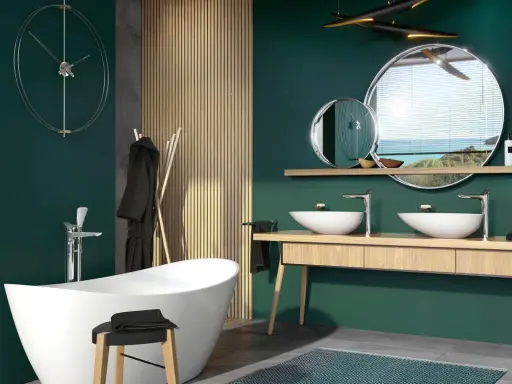 Nowoczesna łazienka bez płytek z wolnostojącą wanną, drewnianą okładziną i podwójną umywalką.